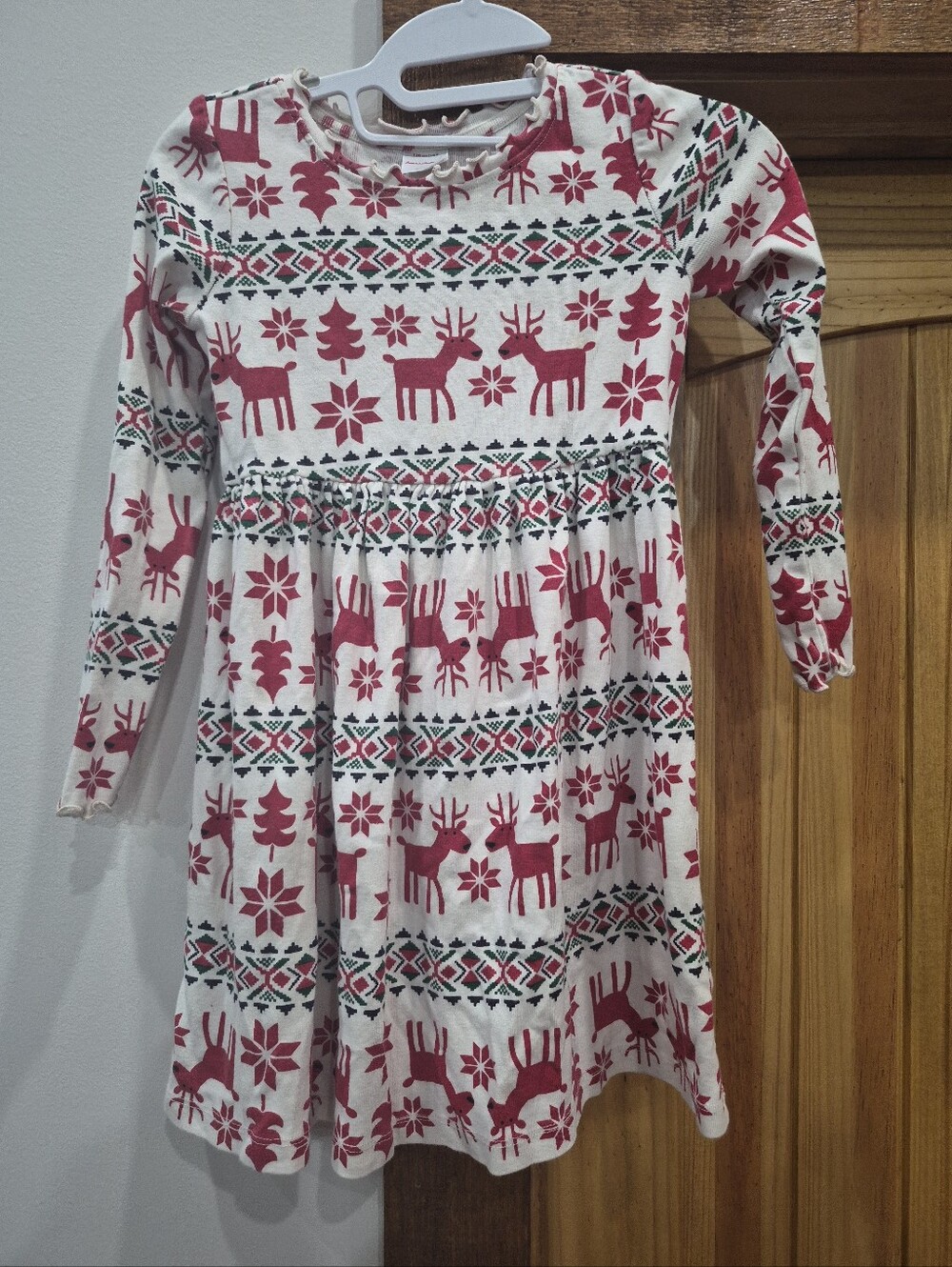 Hanna Andersson Dress Girls Sz 8 White Red Reindeer Snowflake Fair Isle Holiday